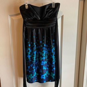 Dress black with blue & green print flowers.